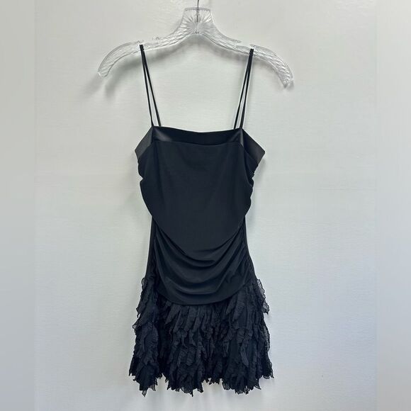 Vintage Y2K Black Spaghetti Strap Ruffle Hem Square Neck Party Mini Dress S - Picture 6 of 11